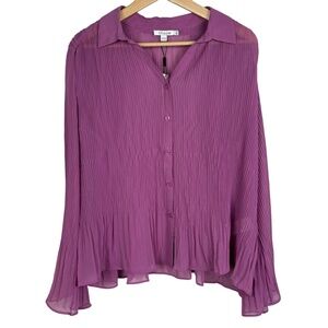 NWT Chico's Pleated Georgette Blouse Gooseberry Flared Cuff Button Up Sz 12